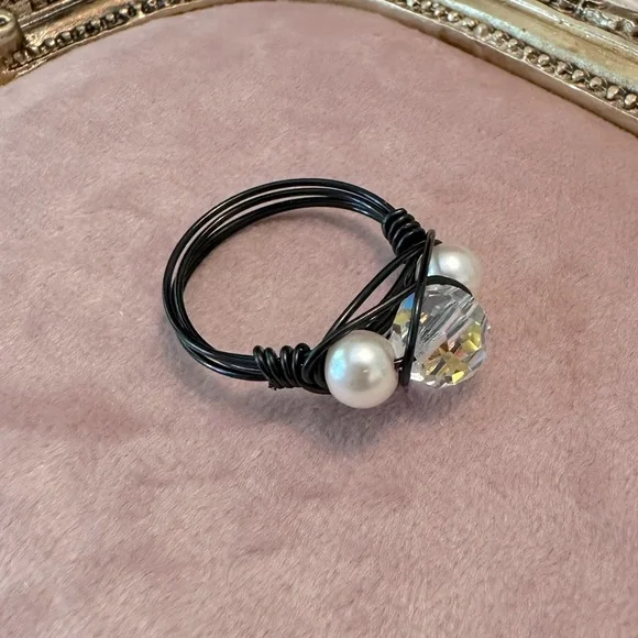 Handmade Sparkling Wire Wrapped Ring Black Glass AB Pearls Metal Hand Done - Picture 3 of 5